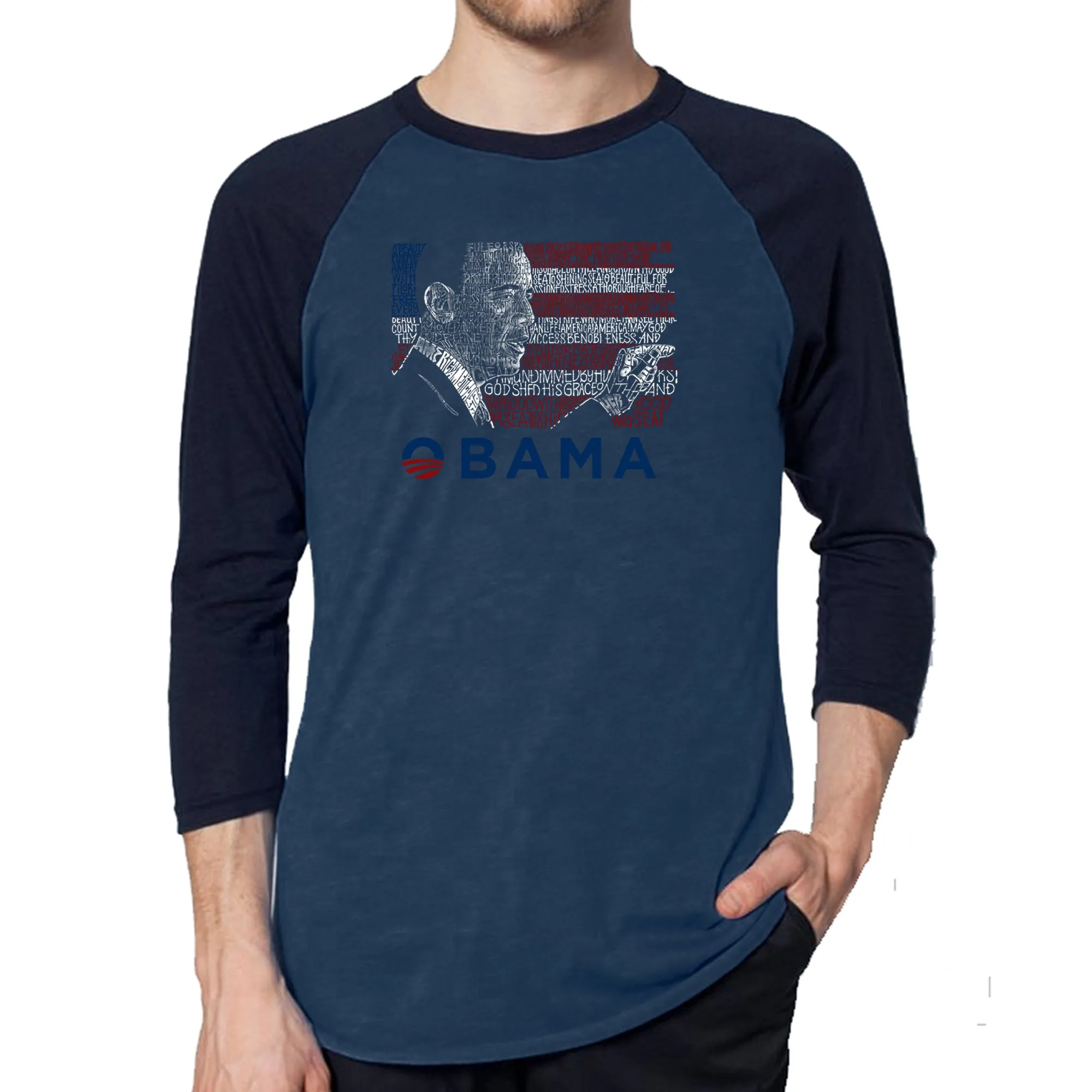 OBAMA AMERICA THE BEAUTIFUL - Men's Raglan Baseball Word Art T-Shirt sold by LA Pop Art product image thumbnail 3