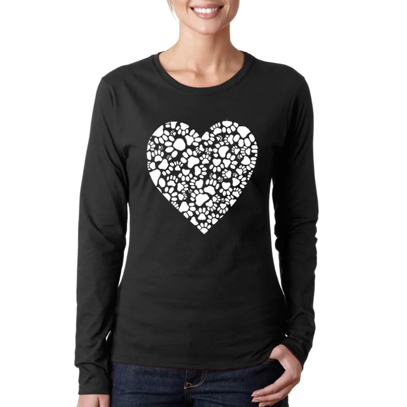 Paw Prints Heart  - Women's Word Art Long Sleeve T-Shirt sold by LA Pop Art