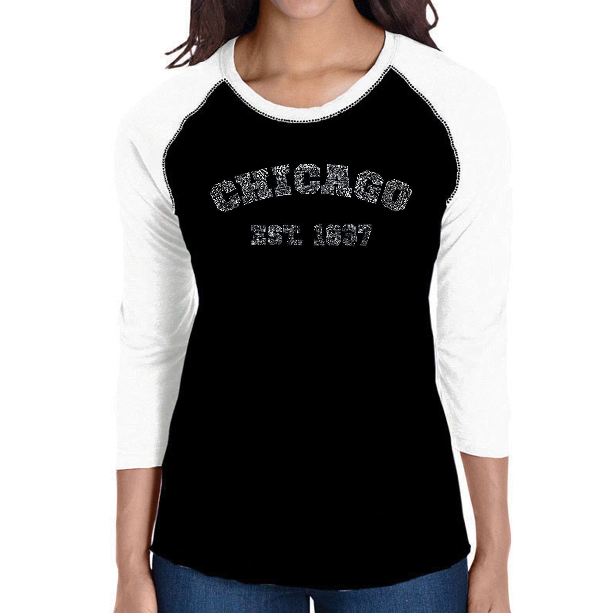 Chicago 1837 - Women's Raglan Baseball Word Art T-Shirt sold by LA Pop Art