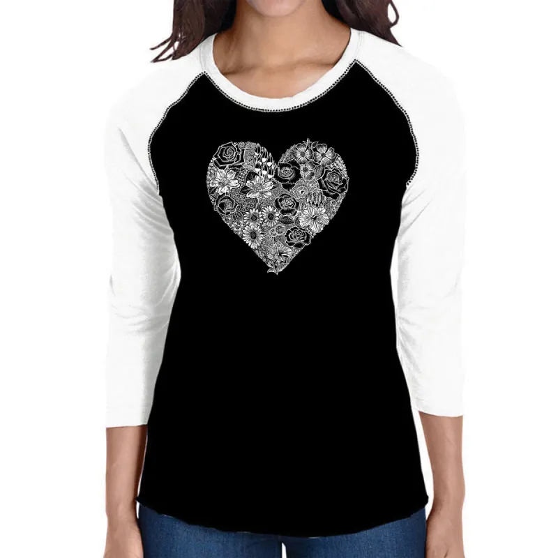 Heart Flowers - Women's Raglan Word Art T-Shirt sold by LA Pop Art