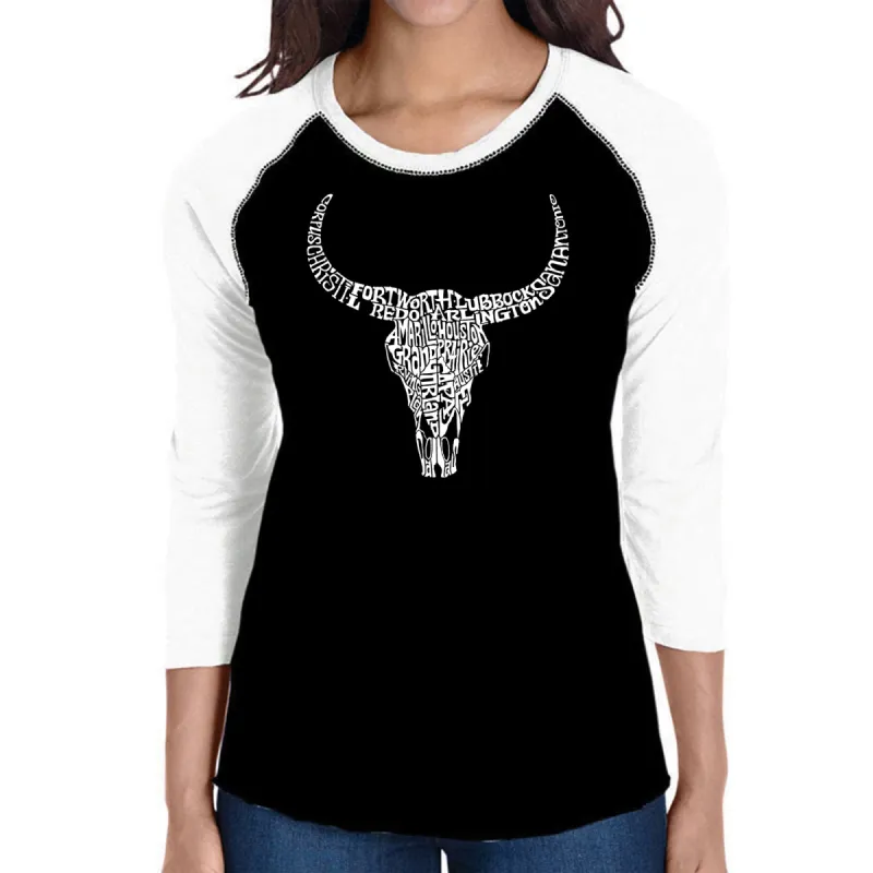 Texas Skull - Women's Raglan Baseball Word Art T-Shirt sold by LA Pop Art