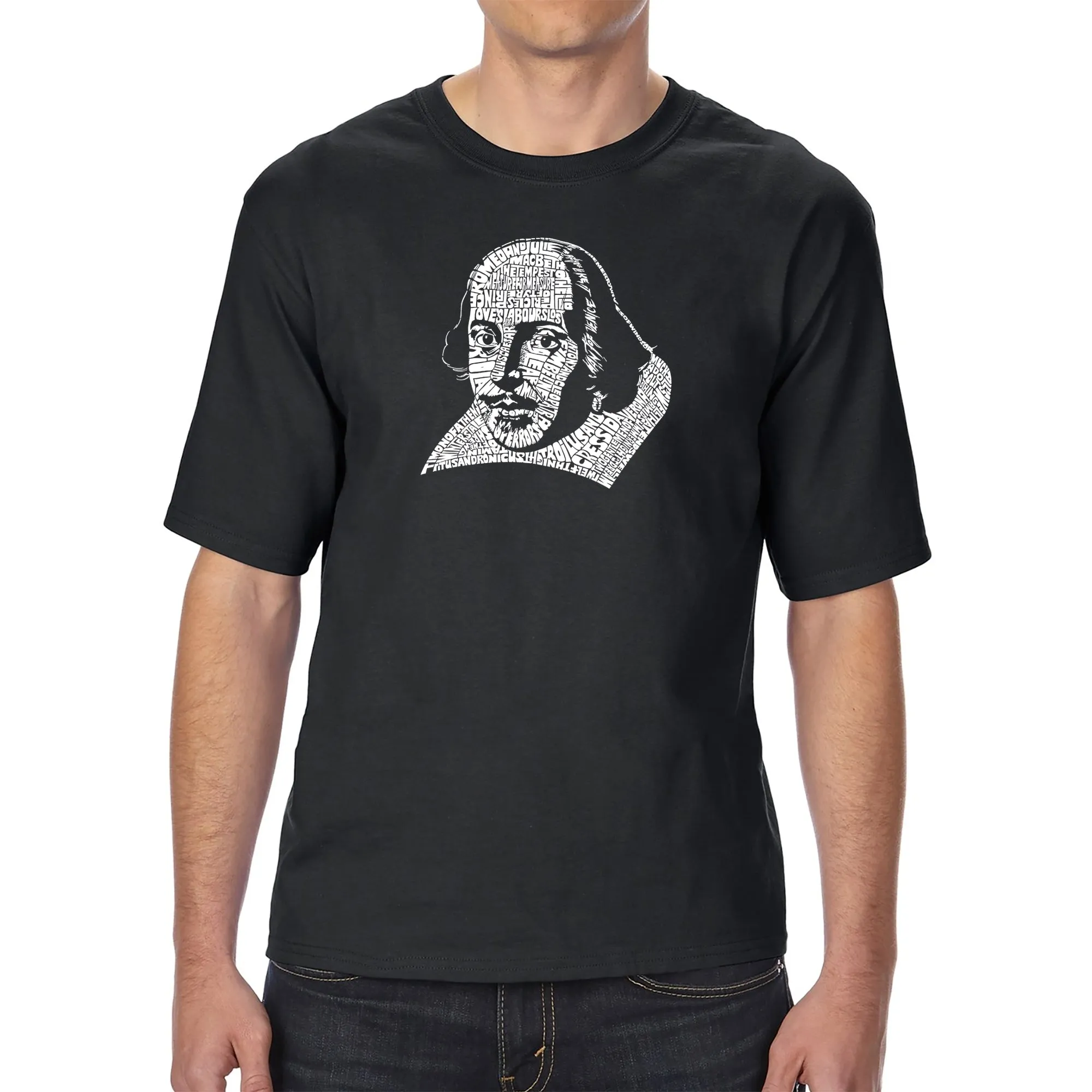 THE TITLES OF ALL OF WILLIAM SHAKESPEARE'S COMEDIES & TRAGEDIES - Men's Tall Word Art T-Shirt sold by LA Pop Art