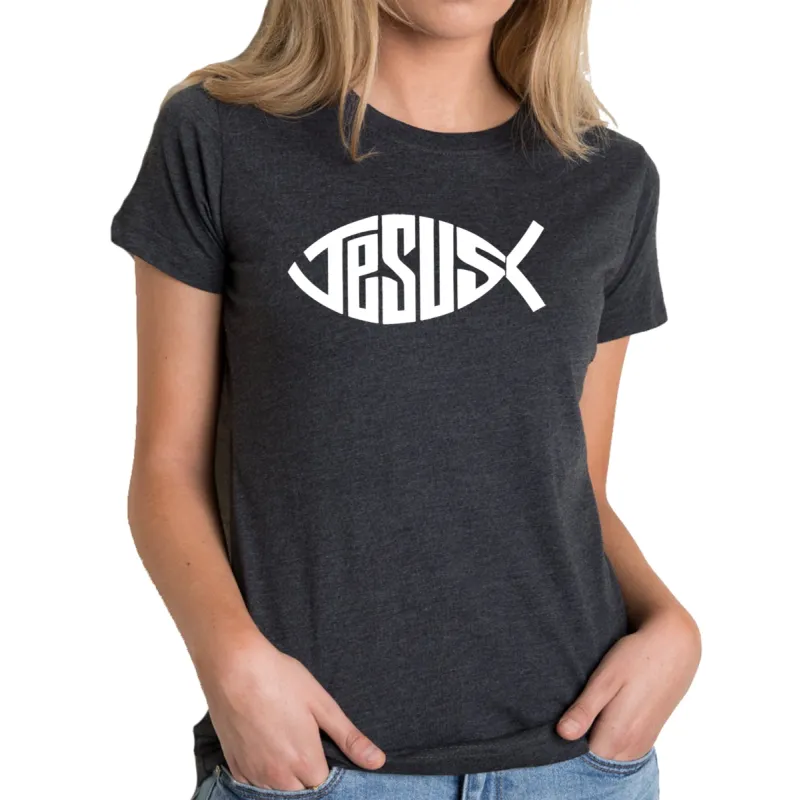 Christian Jesus Name Fish Symbol - Women's Premium Blend Word Art T-Shirt sold by LA Pop Art