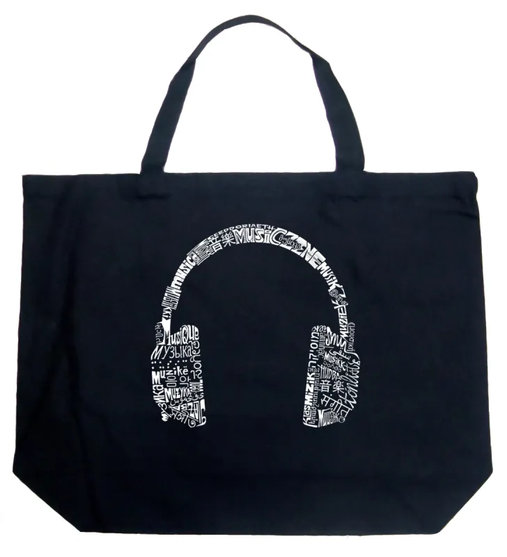 Music in Different Languages Headphones - Large Word Art Tote Bag sold by LA Pop Art