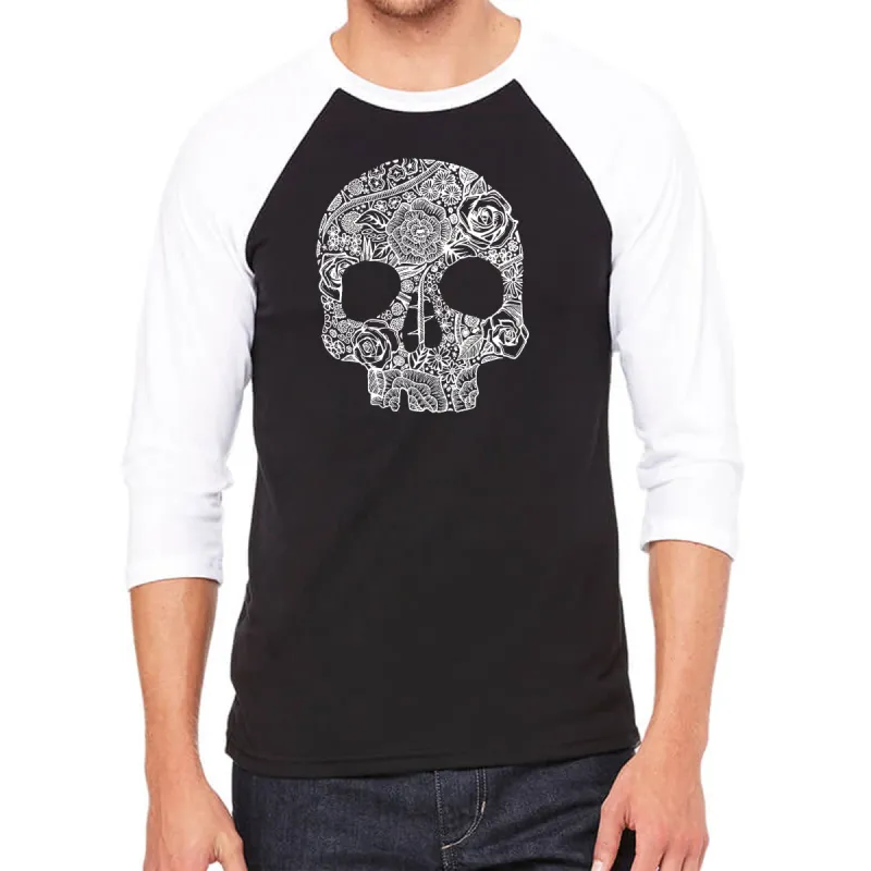Flower Skull  - Men's Raglan Baseball Word Art T-Shirt sold by LA Pop Art
