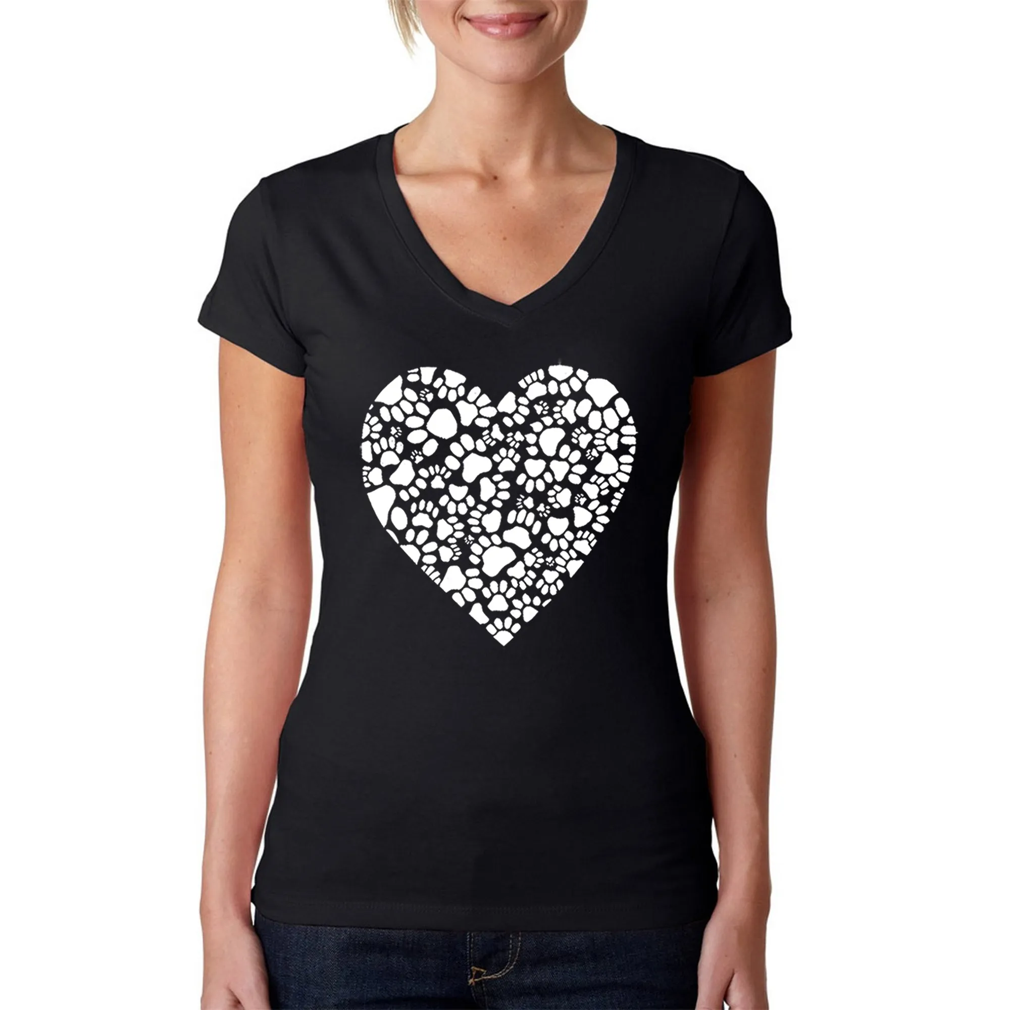 Paw Prints Heart - Women's Word Art V-Neck T-Shirt sold by LA Pop Art