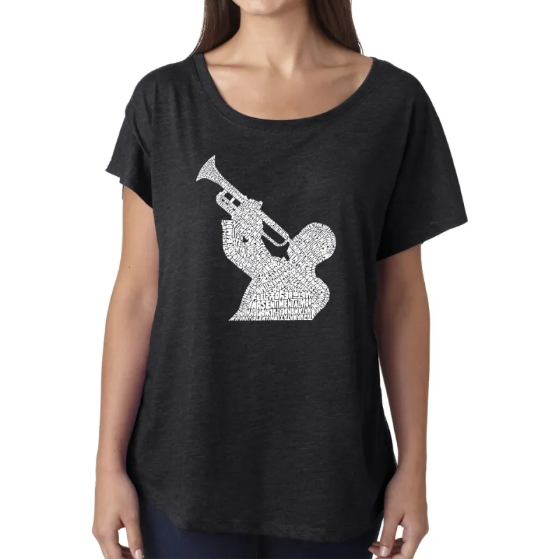 LA Pop Art Women's Dolman Word Art Shirt - ALL TIME JAZZ SONGS sold by LA Pop Art