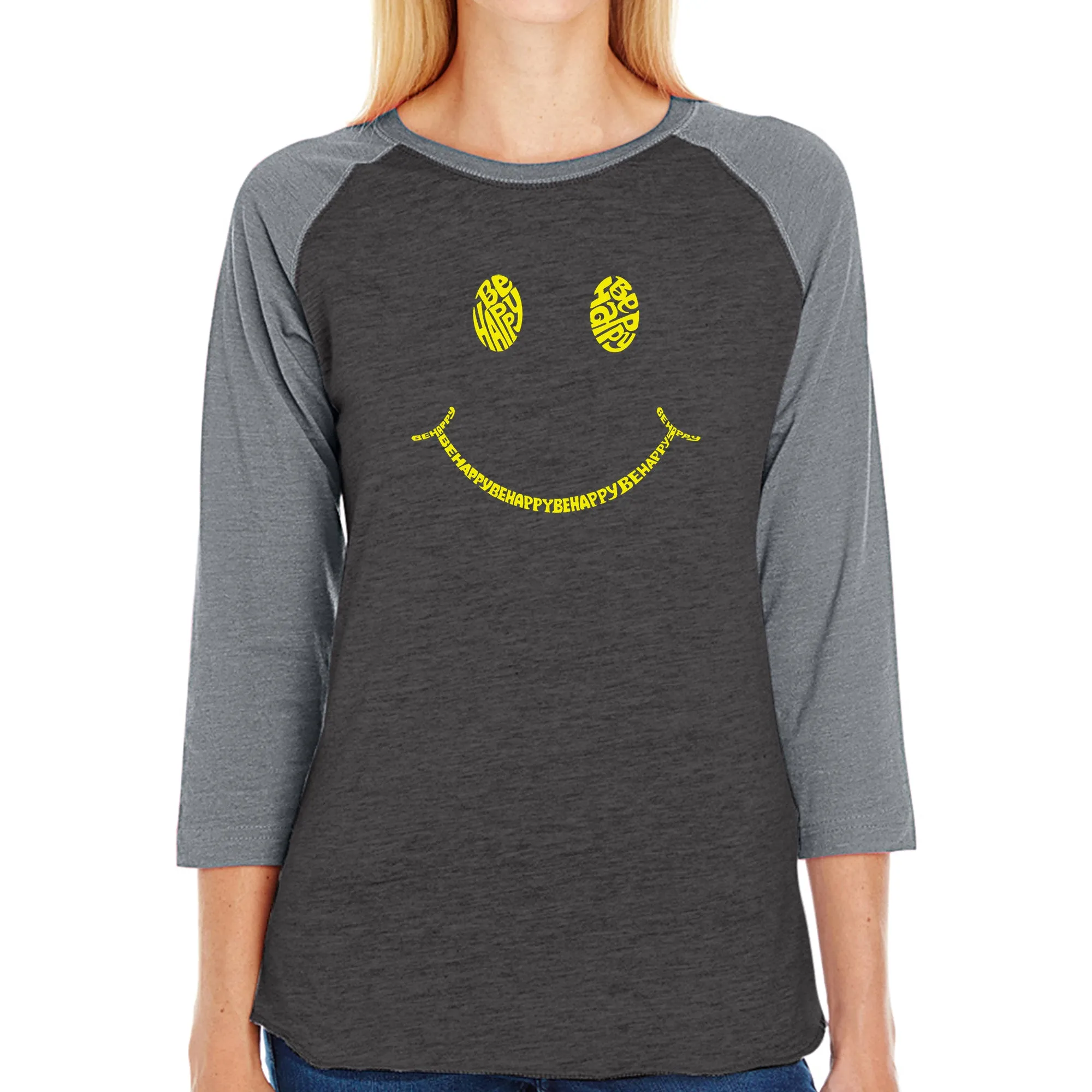 Be Happy Smiley Face - Women's Raglan Word Art T-Shirt sold by LA Pop Art product image thumbnail 4