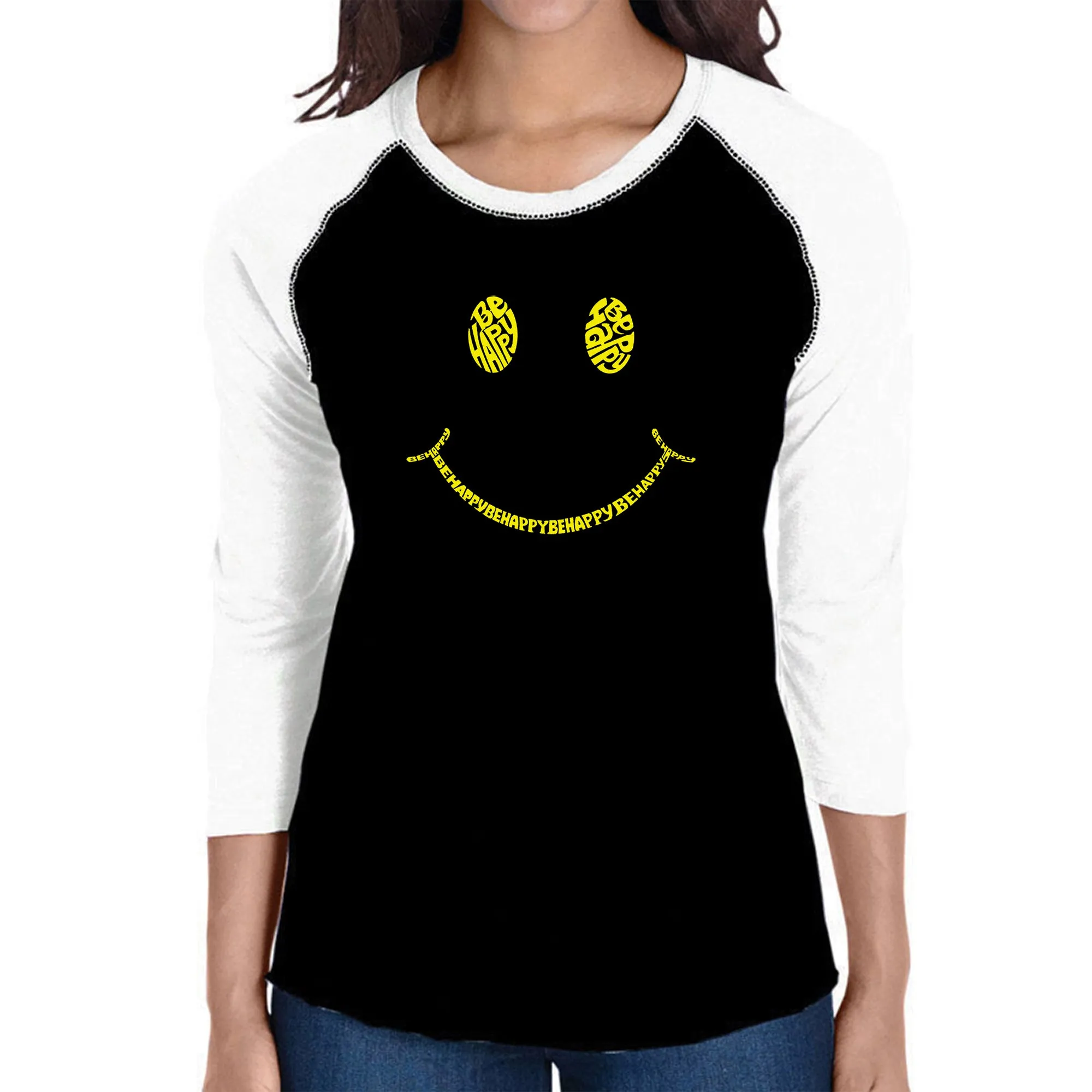 Be Happy Smiley Face - Women's Raglan Word Art T-Shirt sold by LA Pop Art