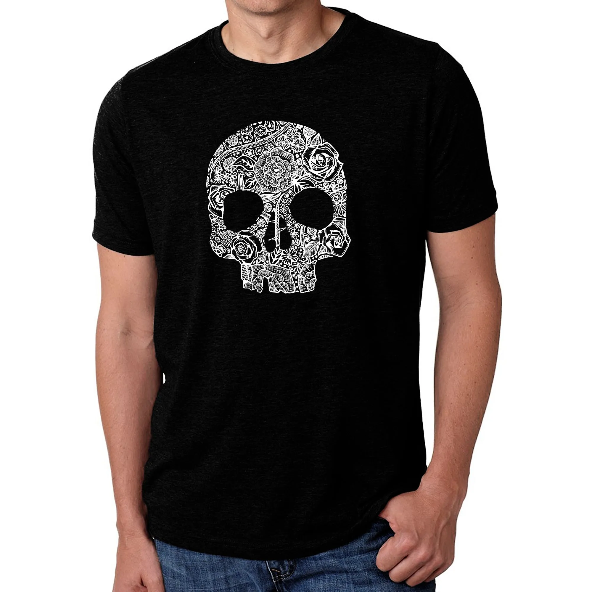 Flower Skull - Men's Premium Blend Word Art T-Shirt sold by LA Pop Art