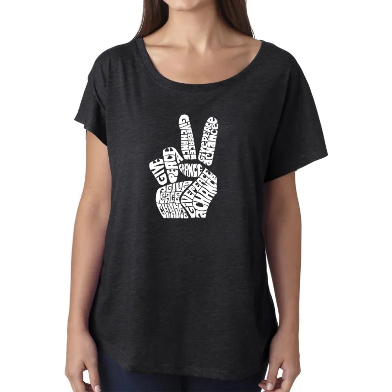 LA Pop Art Women's Dolman Word Art Shirt - PEACE FINGERS sold by LA Pop Art