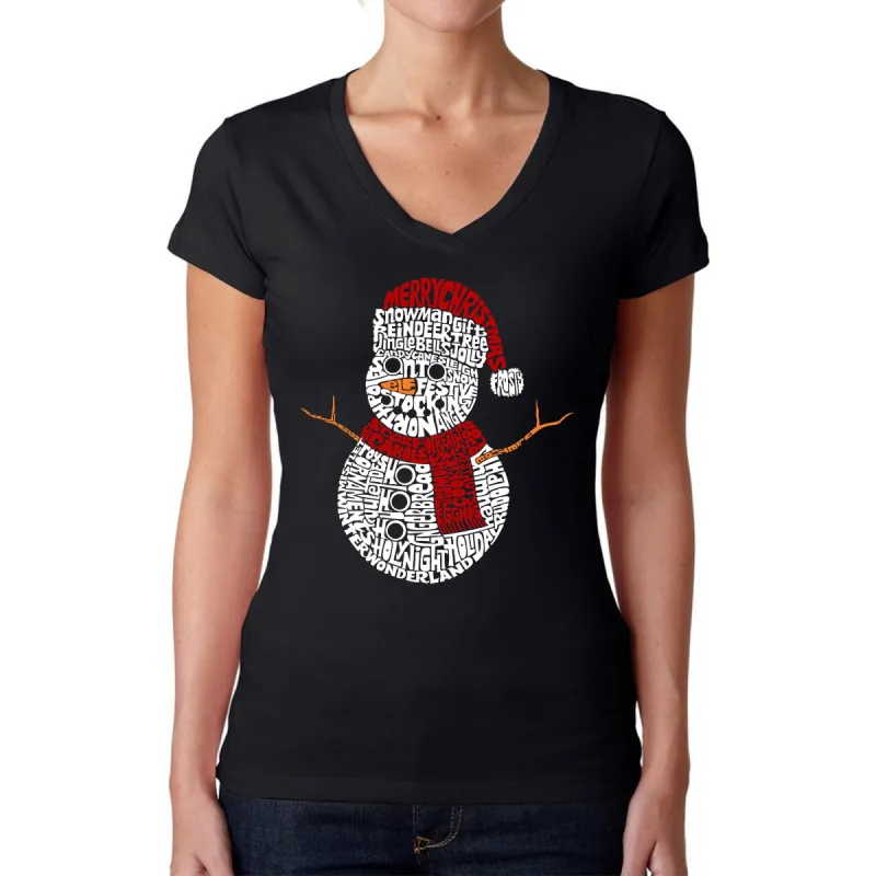 Christmas Snowman - Women's Word Art V-Neck T-Shirt sold by LA Pop Art