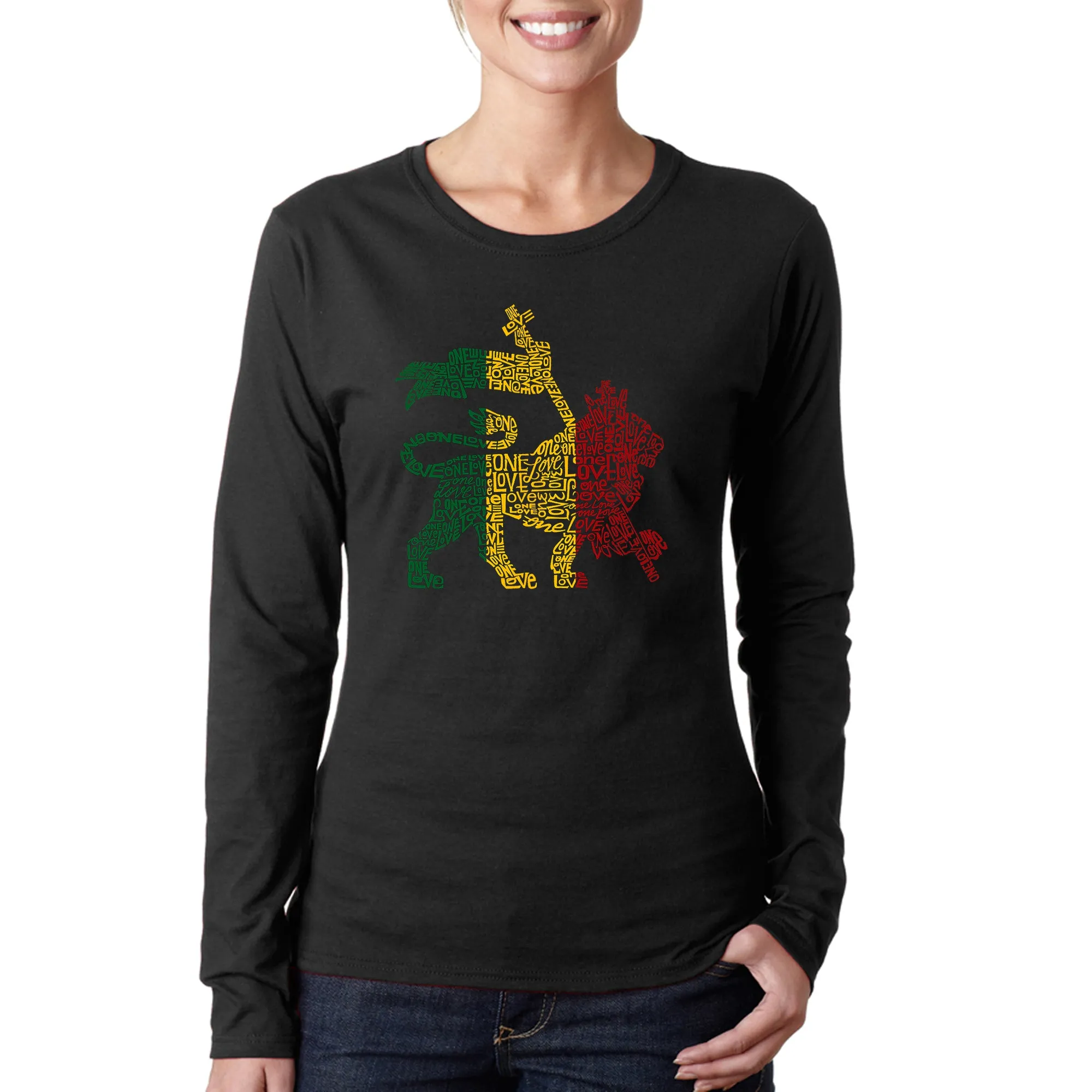 One Love Rasta Lion - Women's Word Art Long Sleeve T-Shirt sold by LA Pop Art