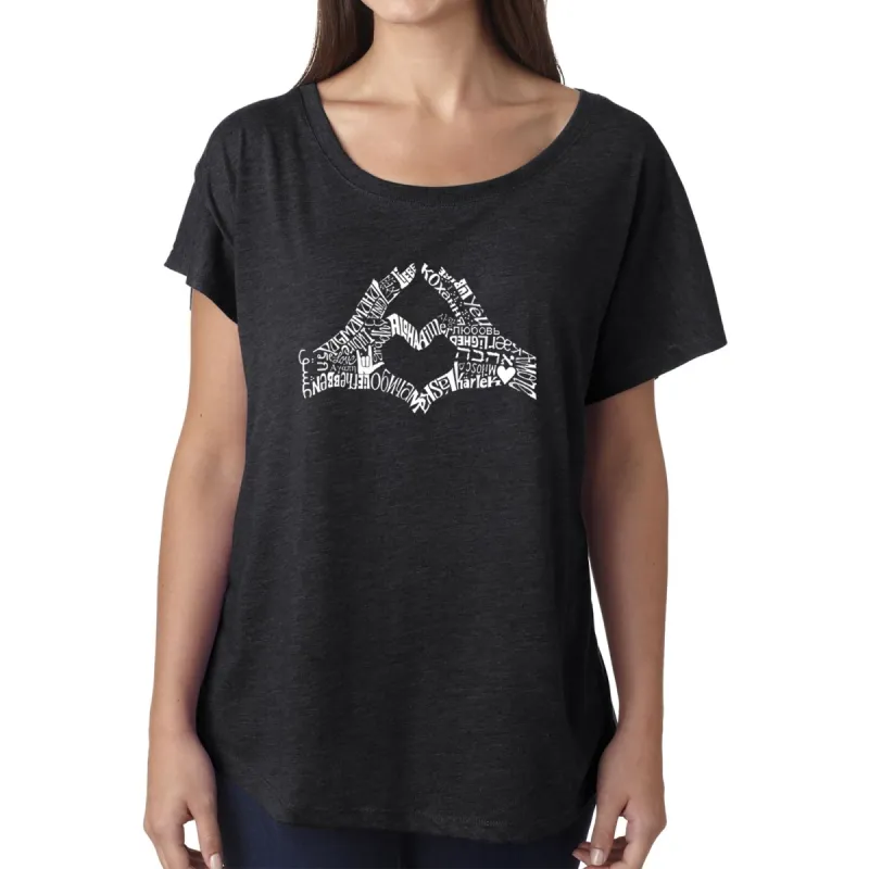 LA Pop Art Women's Dolman Word Art Shirt - Finger Heart sold by LA Pop Art