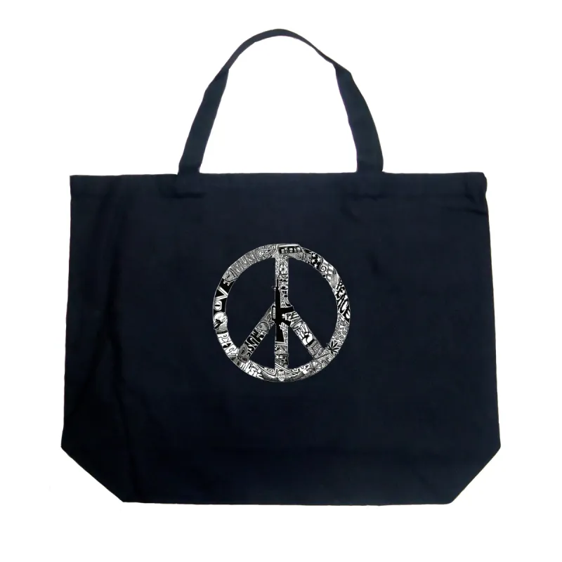 PEACE, LOVE, & MUSIC - Large Word Art Tote Bag sold by LA Pop Art