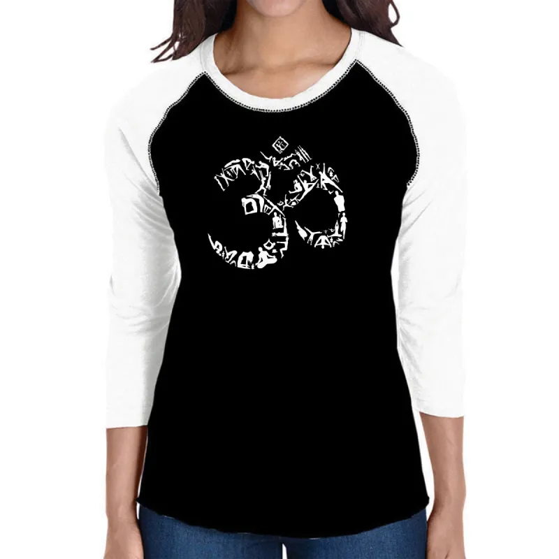 THE OM SYMBOL OUT OF YOGA POSES - Women's Raglan Baseball Word Art T-Shirt sold by LA Pop Art