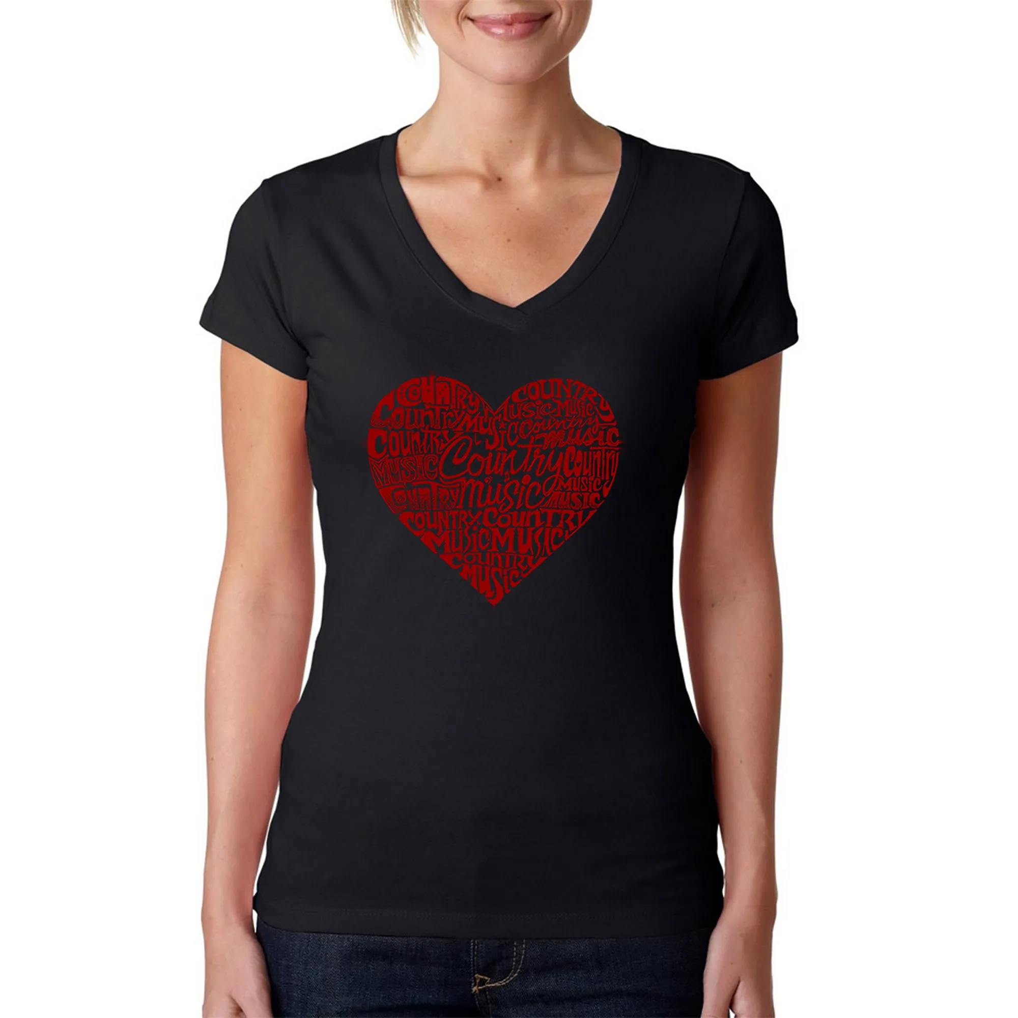 Country Music Heart - Women's Word Art V-Neck T-Shirt sold by LA Pop Art