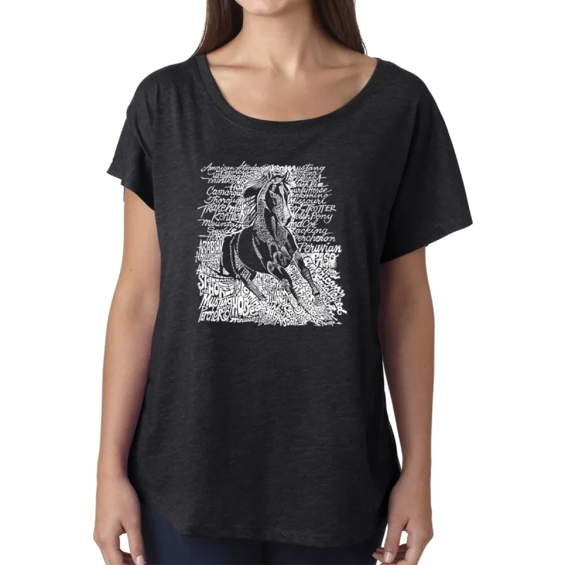 LA Pop Art Women's Dolman Word Art Shirt - POPULAR HORSE BREEDS sold by LA Pop Art