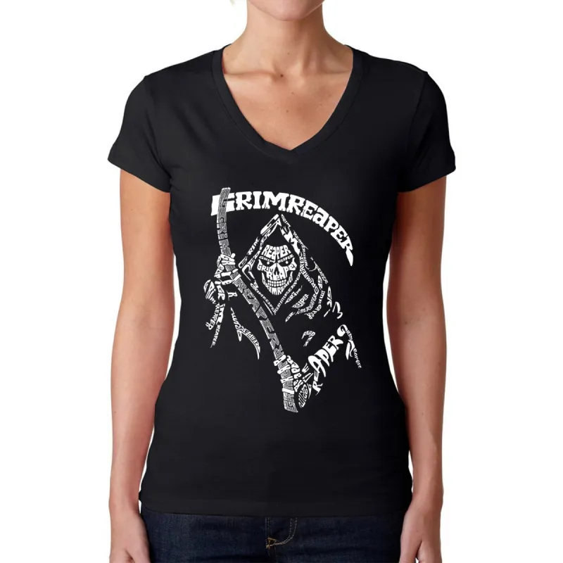 Grim Reaper  - Women's Word Art V-Neck T-Shirt sold by LA Pop Art