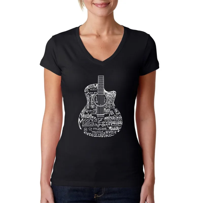Languages Guitar - Women's Word Art V-Neck T-Shirt sold by LA Pop Art