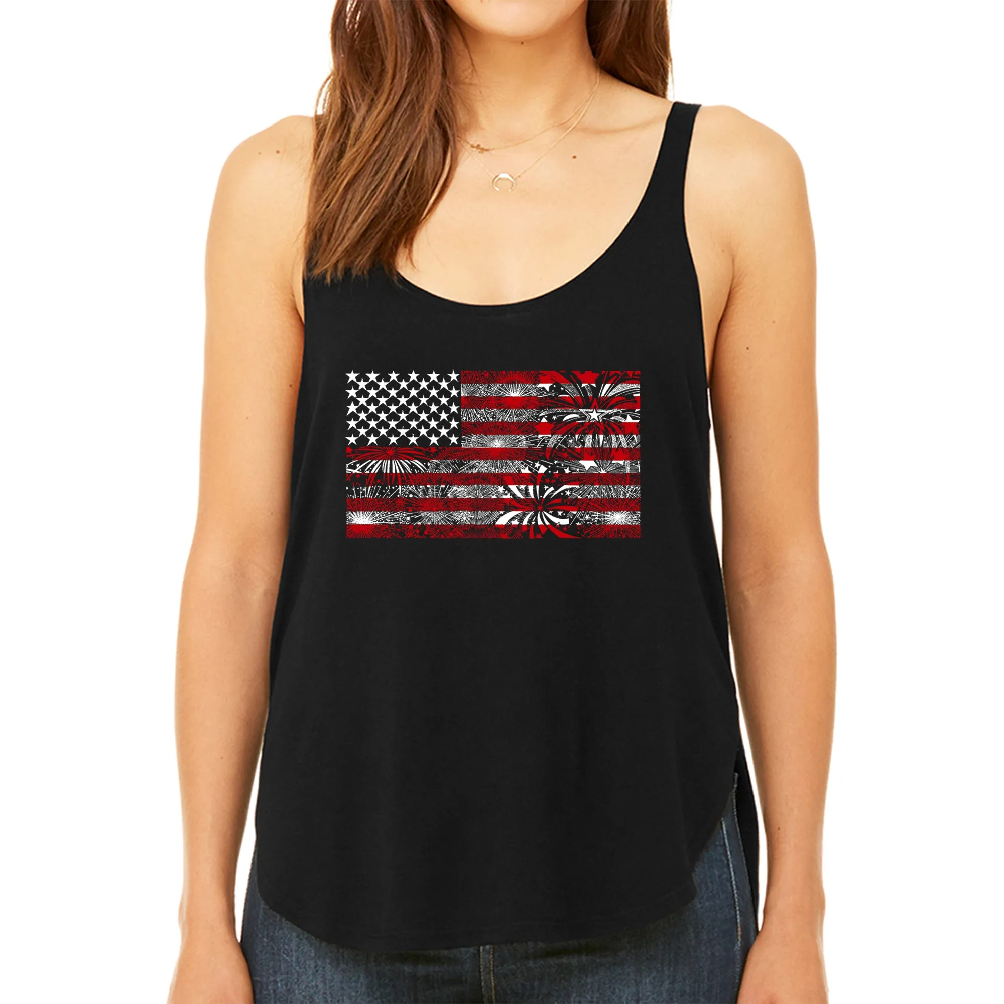 Women's Premium Word Art Flowy Tank Top - Fireworks American Flag sold by LA Pop Art