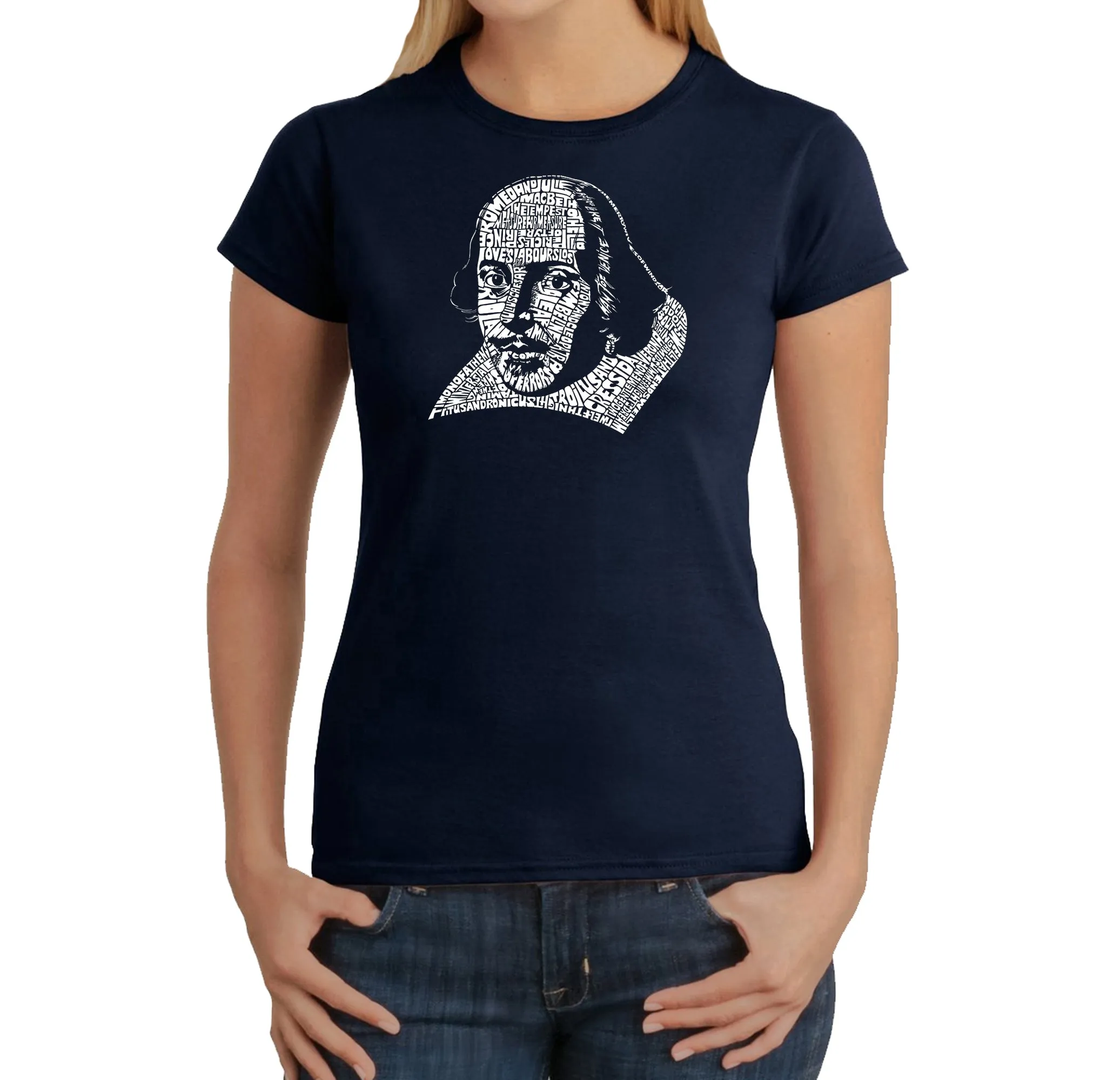 THE TITLES OF ALL OF WILLIAM SHAKESPEARE'S COMEDIES & TRAGEDIES - Women's Word Art T-Shirt sold by LA Pop Art product image thumbnail 3