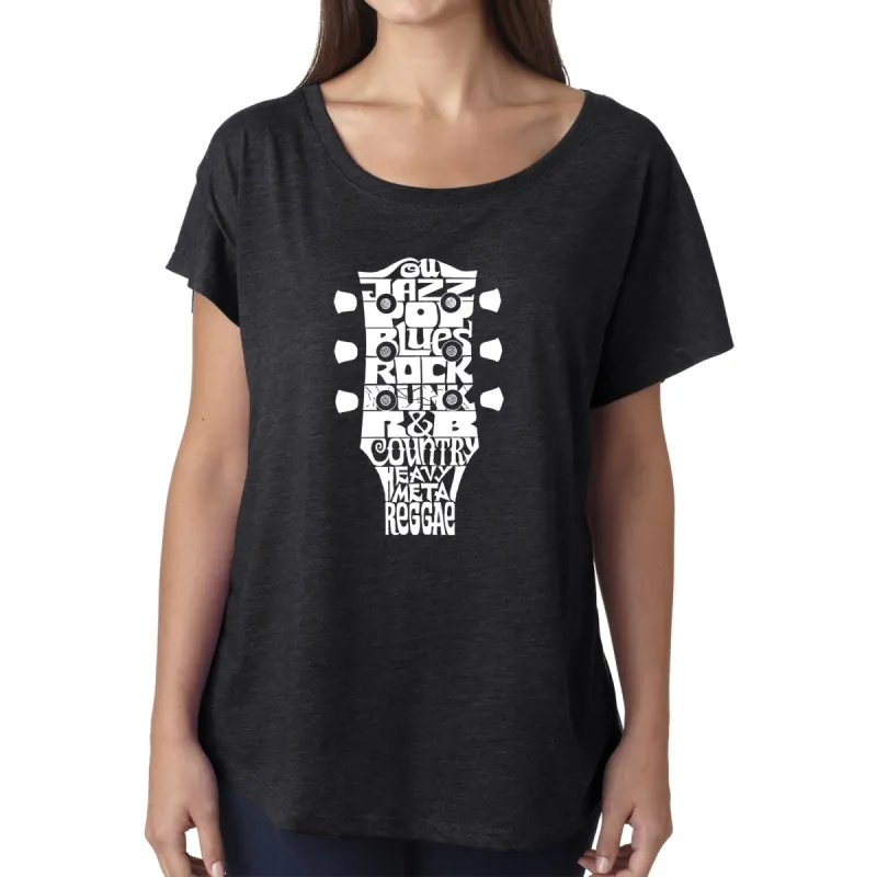 LA Pop Art Women's Loose Fit Dolman Cut Word Art Shirt - Guitar Head Music Genres sold by LA Pop Art