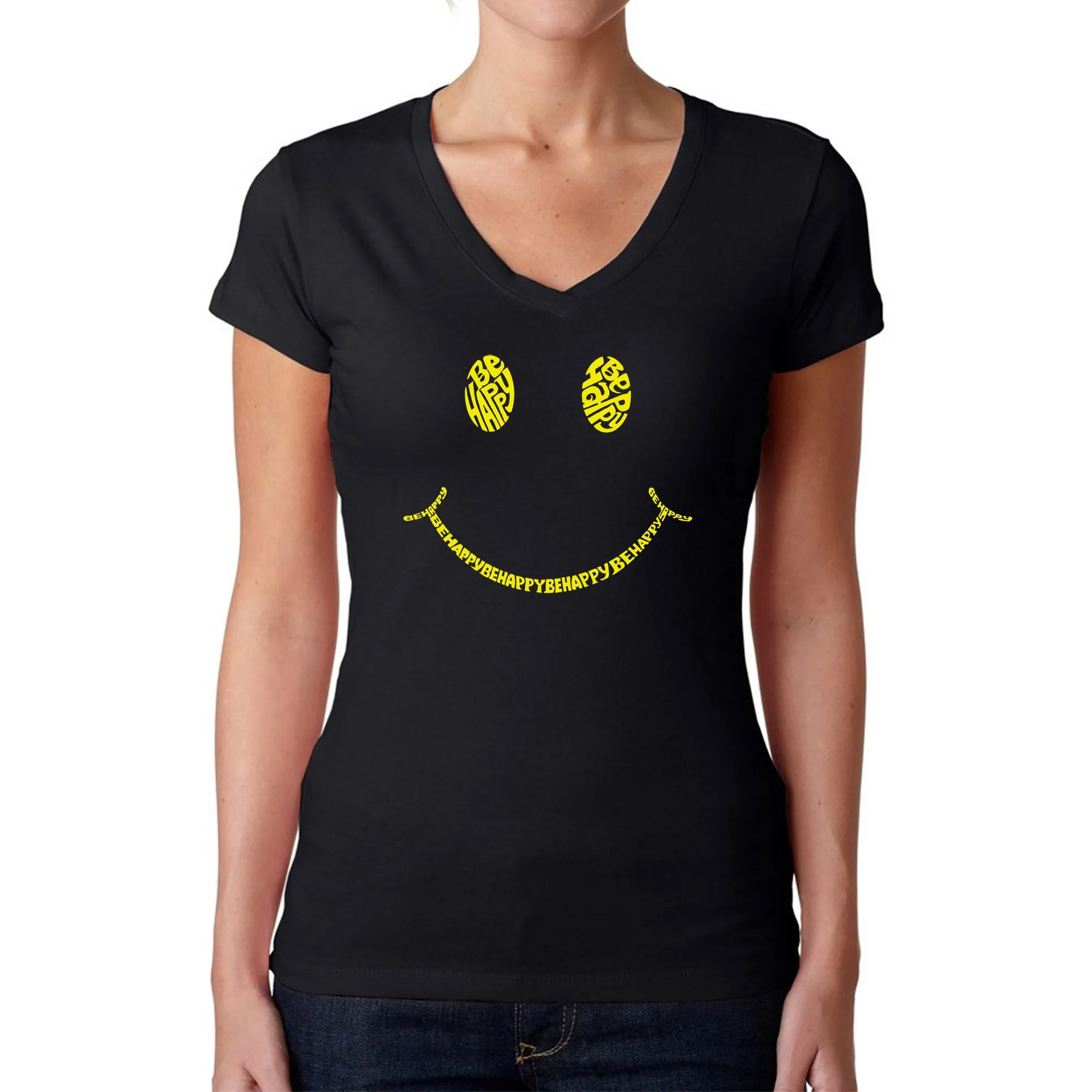 Be Happy Smiley Face - Women's Word Art V-Neck T-Shirt sold by LA Pop Art
