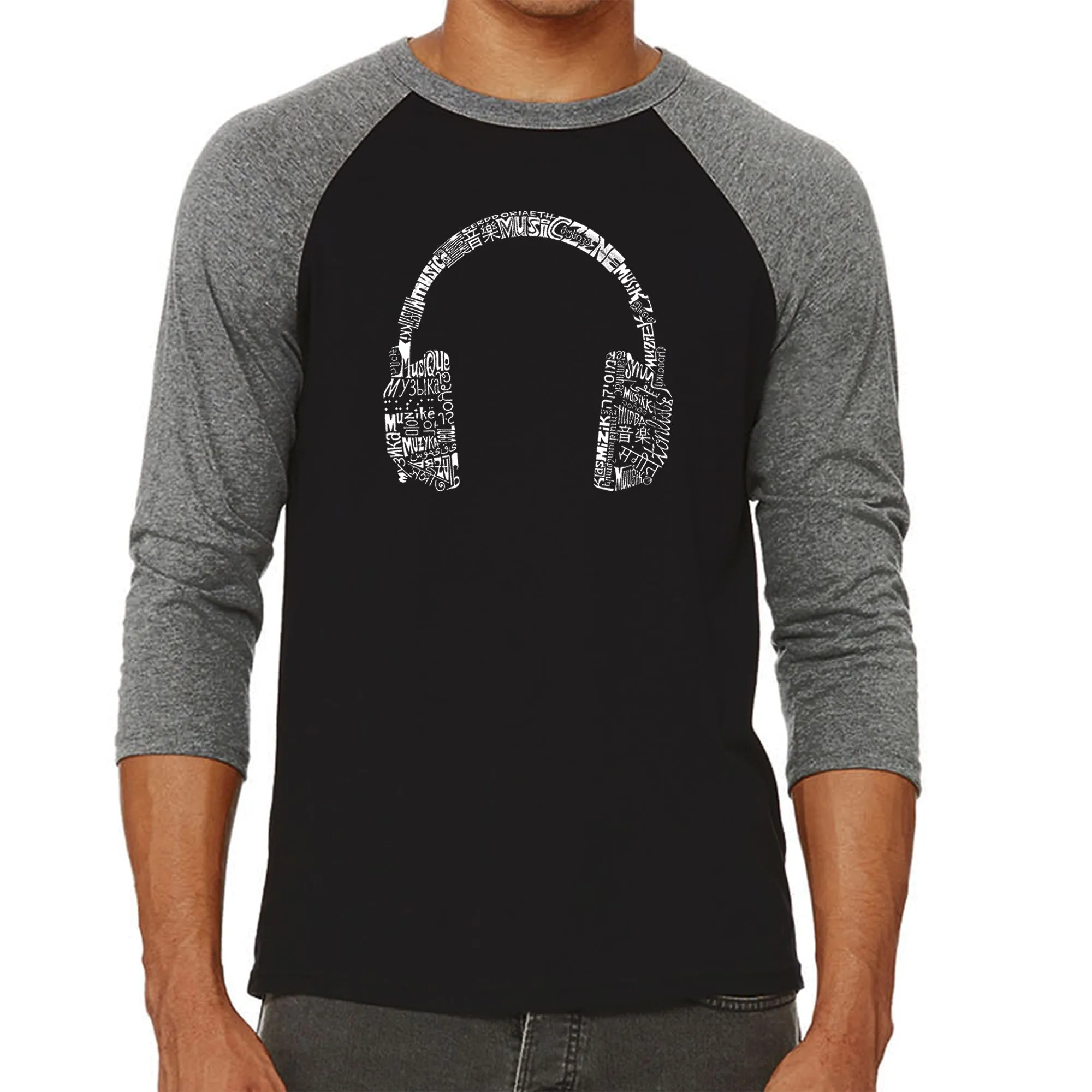 MUSIC IN DIFFERENT LANGUAGES HEADPHONES - Men's Raglan Baseball Word Art T-Shirt sold by LA Pop Art product image thumbnail 4