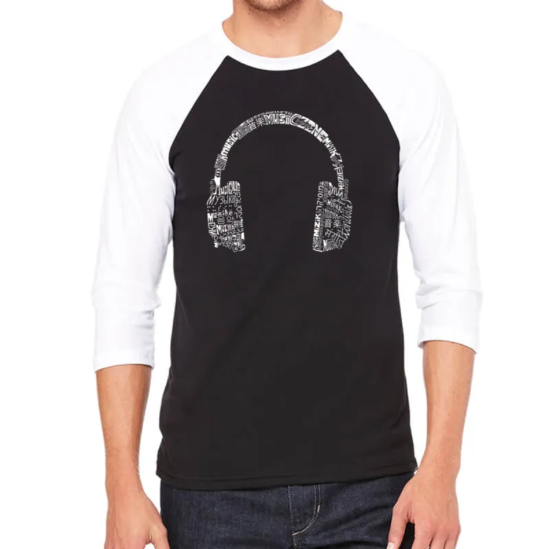 MUSIC IN DIFFERENT LANGUAGES HEADPHONES - Men's Raglan Baseball Word Art T-Shirt sold by LA Pop Art