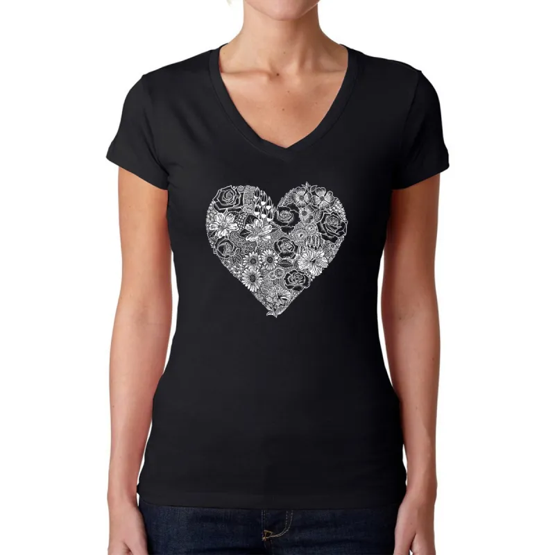 Heart Flowers  - Women's Word Art V-Neck T-Shirt sold by LA Pop Art