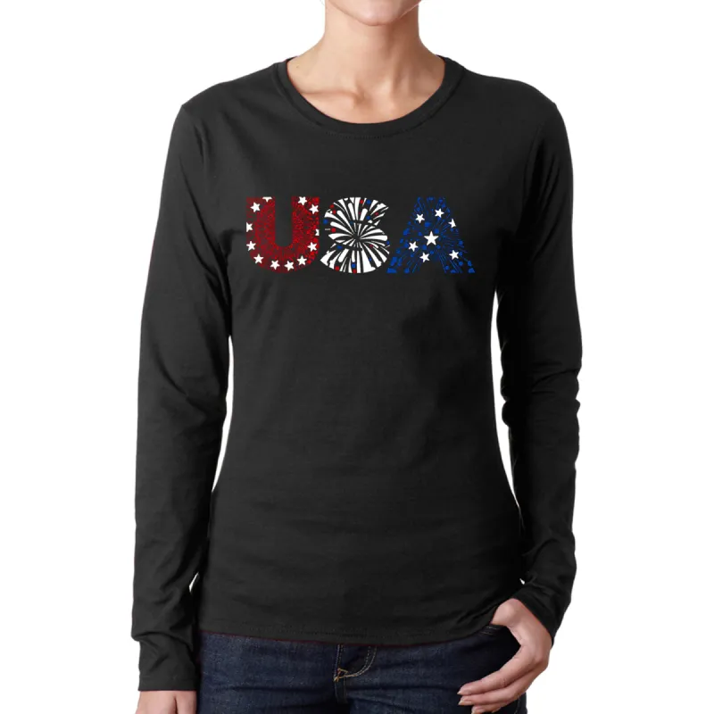 USA Fireworks - Women's Word Art Long Sleeve T-Shirt sold by LA Pop Art