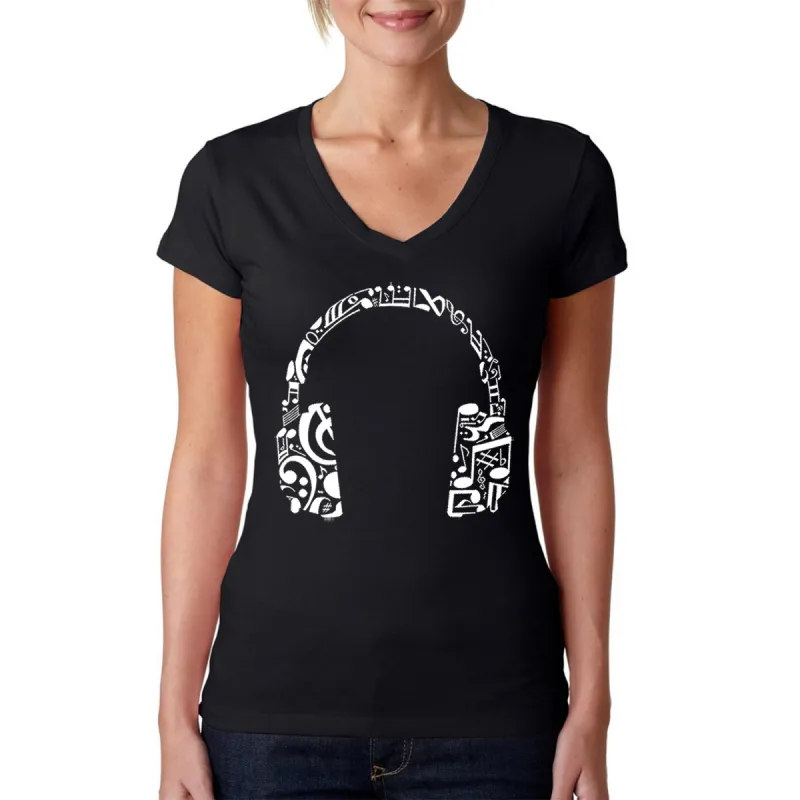 Music Note Headphones - Women's Word Art V-Neck T-Shirt sold by LA Pop Art