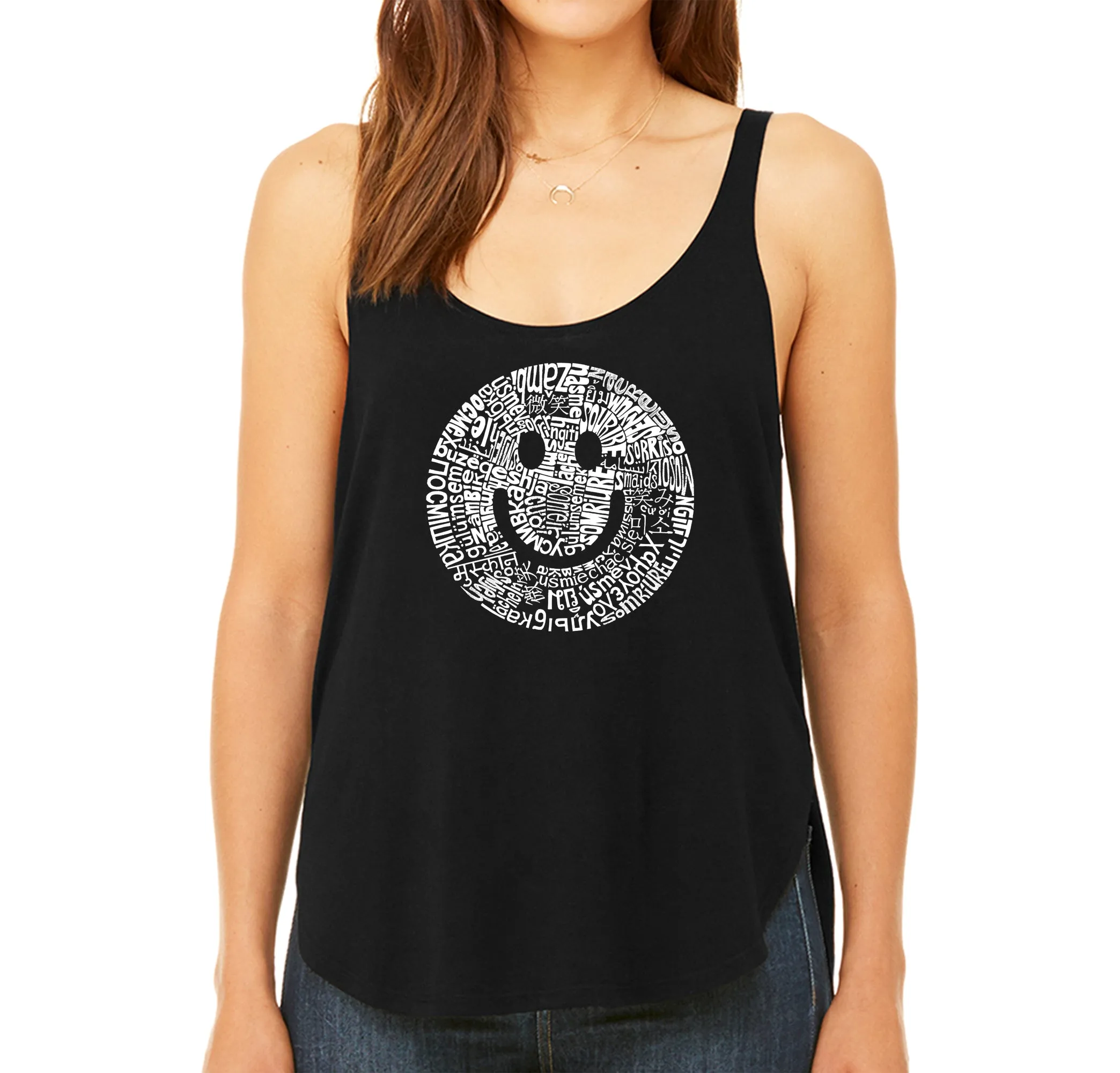 SMILE IN DIFFERENT LANGUAGES - Women's Word Art Flowy Tank sold by LA Pop Art