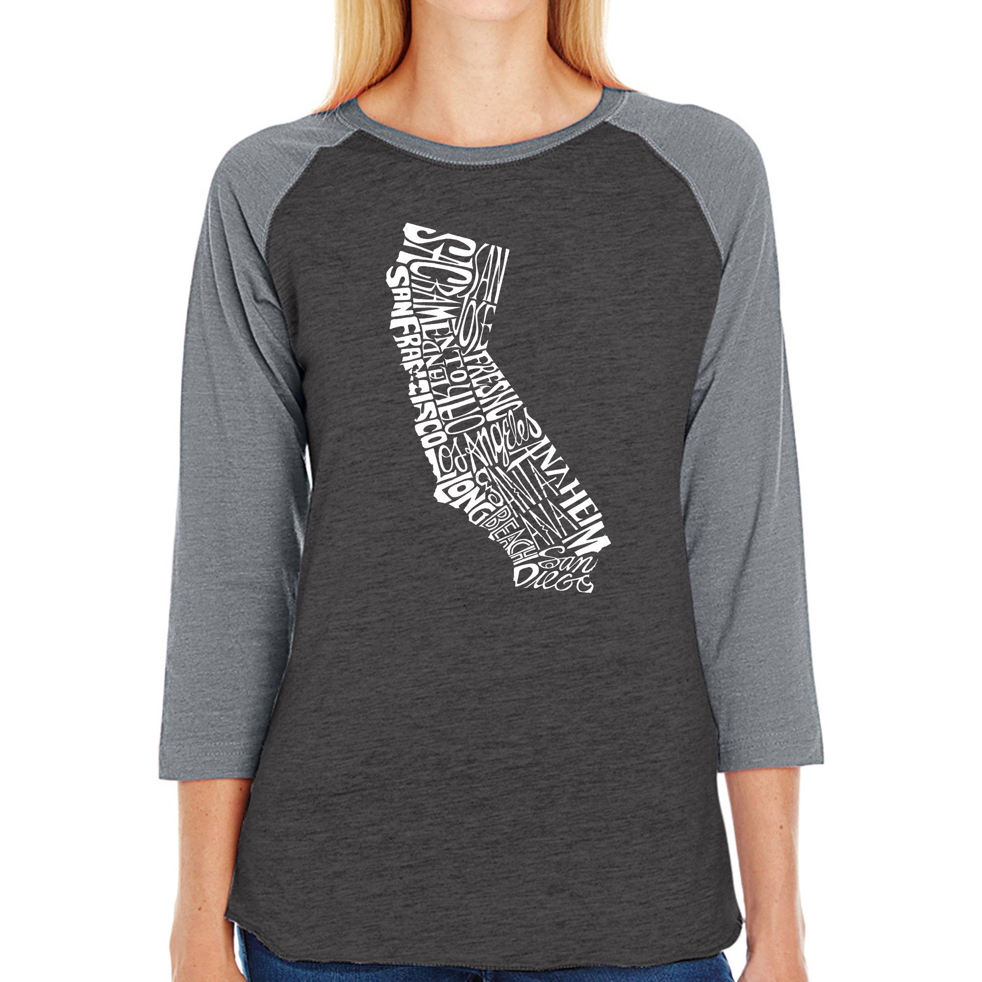 California State - Women's Raglan Baseball Word Art T-Shirt sold by LA Pop Art product image thumbnail 3