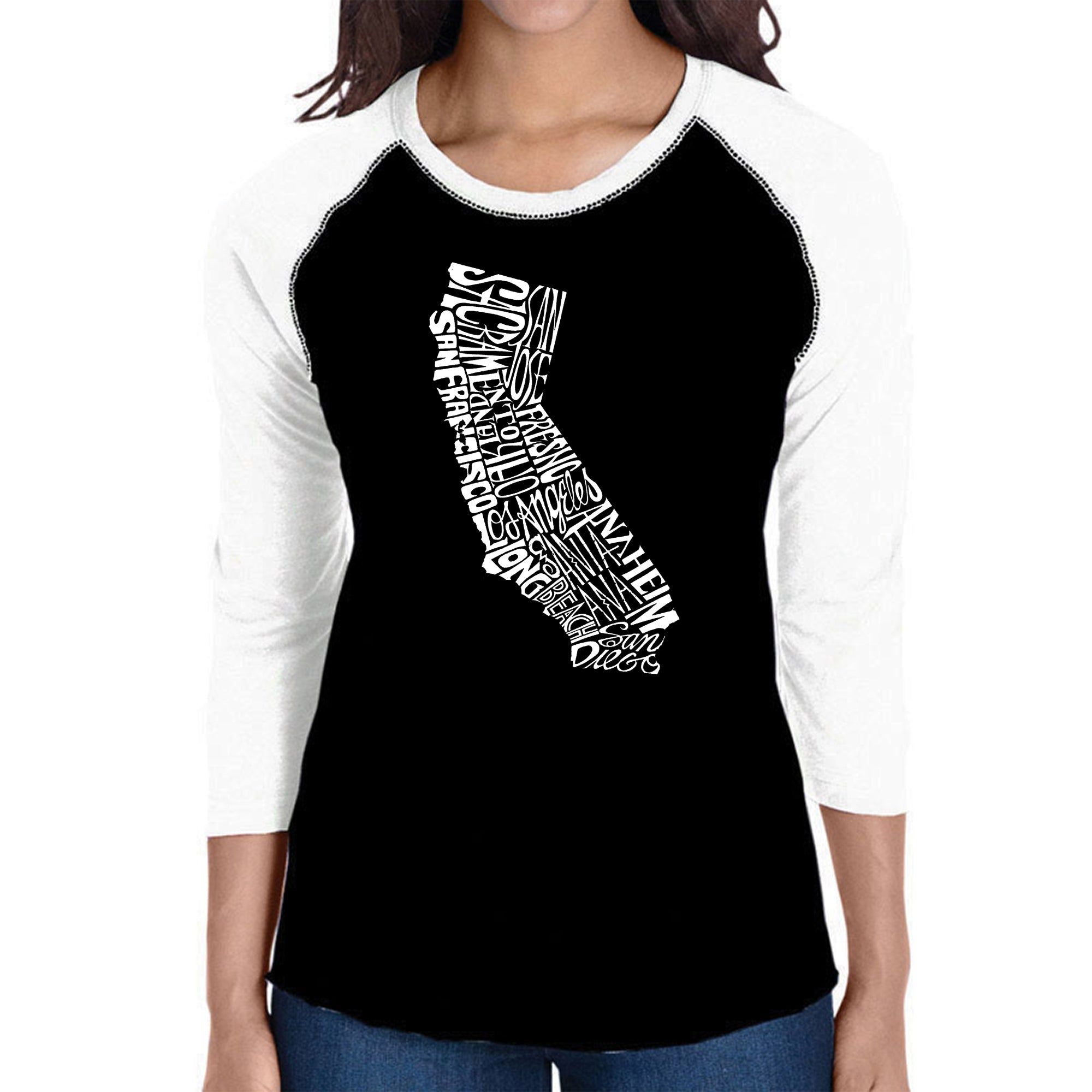 California State - Women's Raglan Baseball Word Art T-Shirt sold by LA Pop Art
