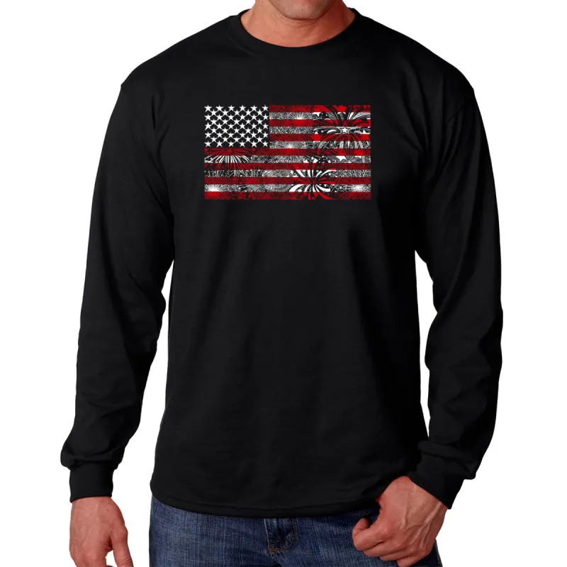 Men's Word Art Long Sleeve T-shirt - Fireworks American Flag sold by LA Pop Art