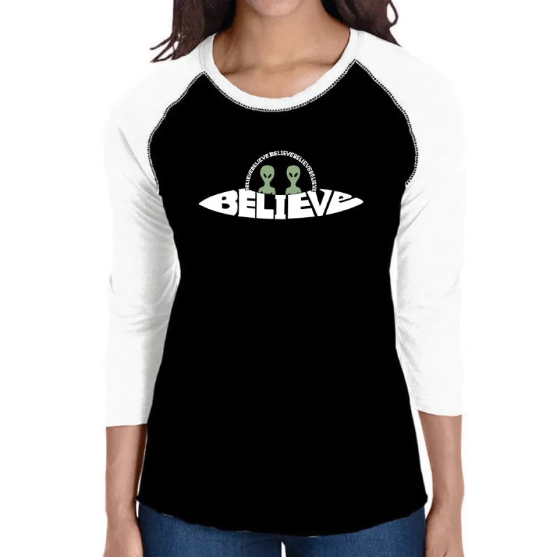 Believe UFO - Women's Raglan Word Art T-Shirt sold by LA Pop Art