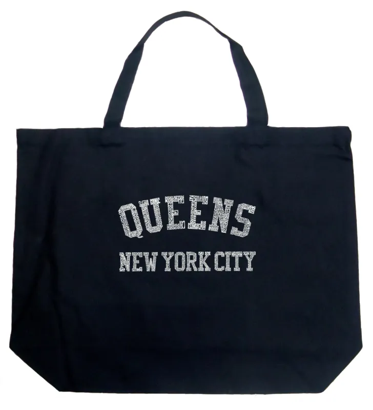 POPULAR NEIGHBORHOODS IN QUEENS, NY - Large Word Art Tote Bag sold by LA Pop Art