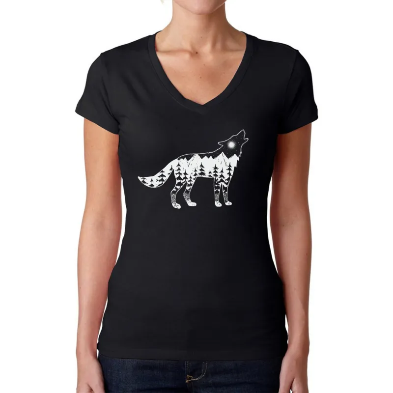 Howling Wolf  - Women's Word Art V-Neck T-Shirt sold by LA Pop Art