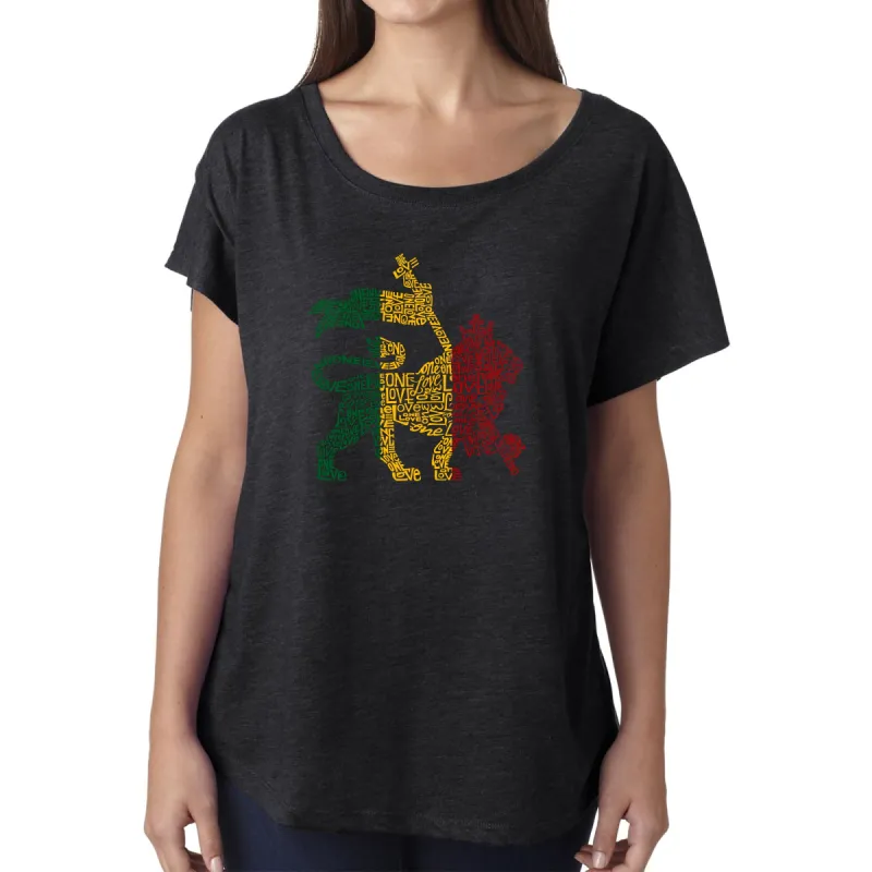 LA Pop Art Women's Dolman Word Art Shirt - Rasta Lion - One Love sold by LA Pop Art