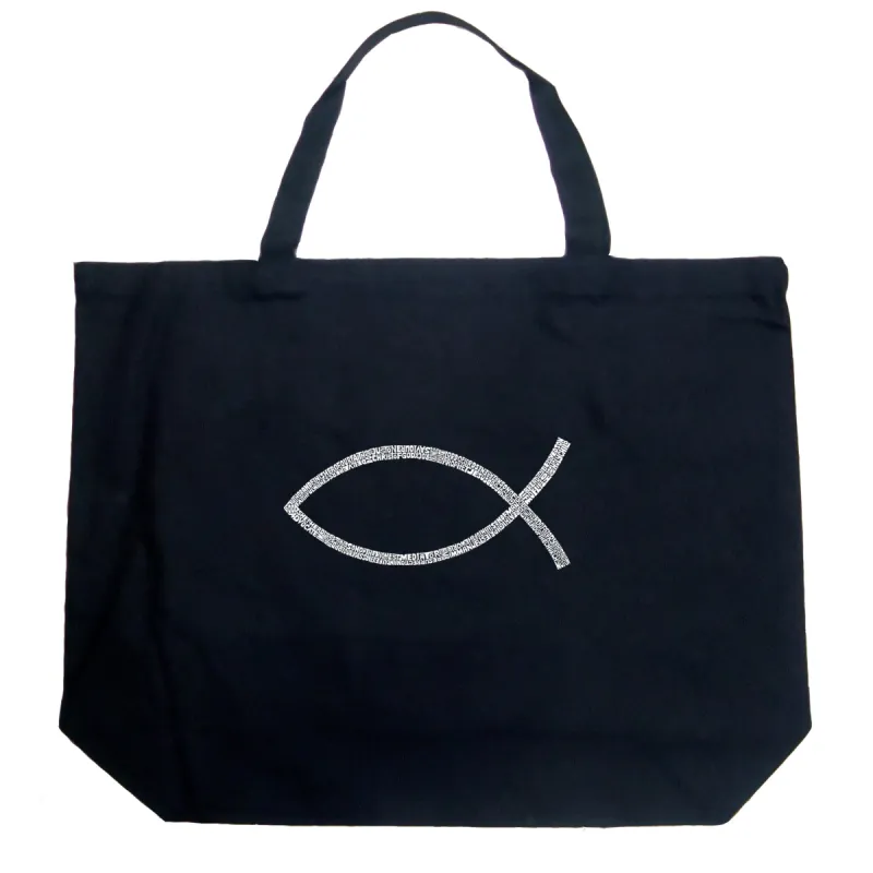JESUS FISH - Large Word Art Tote Bag sold by LA Pop Art