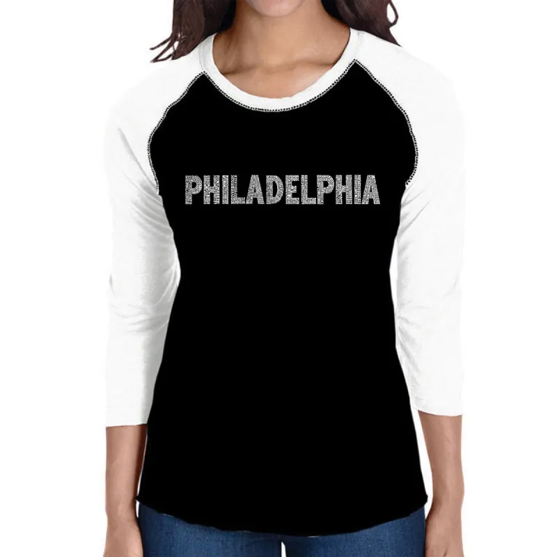 PHILADELPHIA NEIGHBORHOODS - Women's Raglan Baseball Word Art T-Shirt sold by LA Pop Art