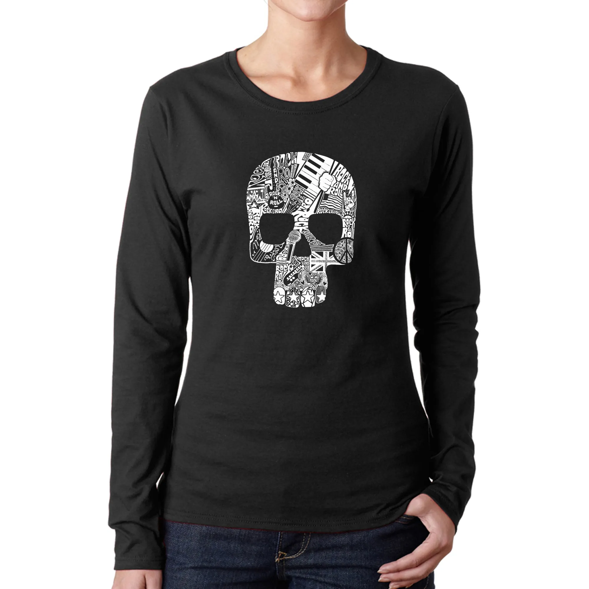 Rock n Roll Skull - Women's Word Art Long Sleeve T-Shirt sold by LA Pop Art