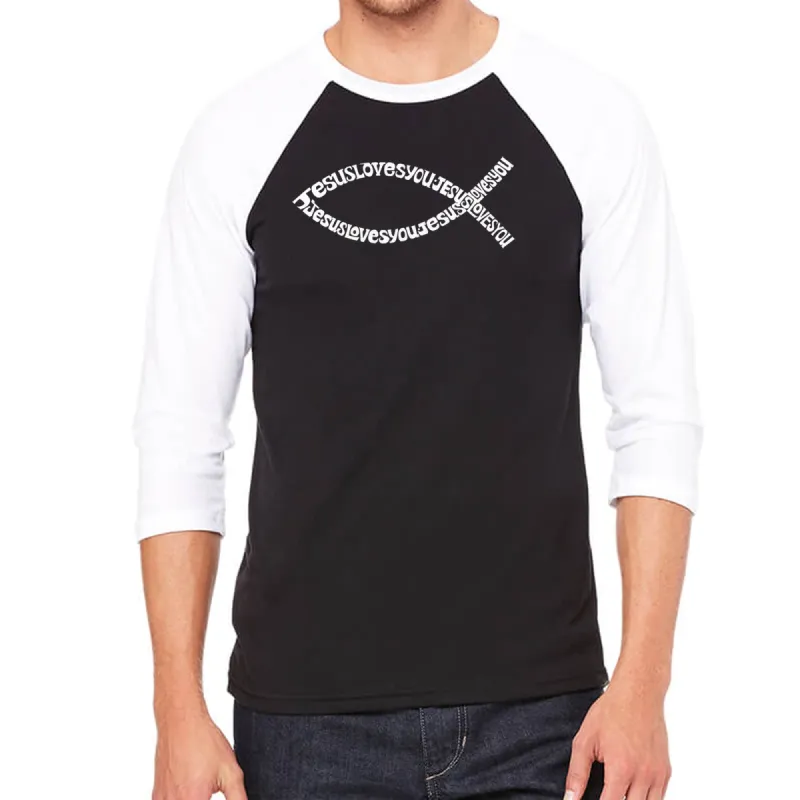 Jesus Loves You - Men's Raglan Baseball Word Art T-Shirt sold by LA Pop Art