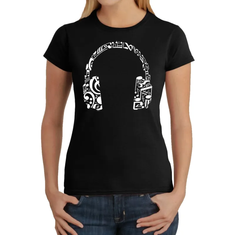 Music Note Headphones - Women's Word Art T-Shirt sold by LA Pop Art