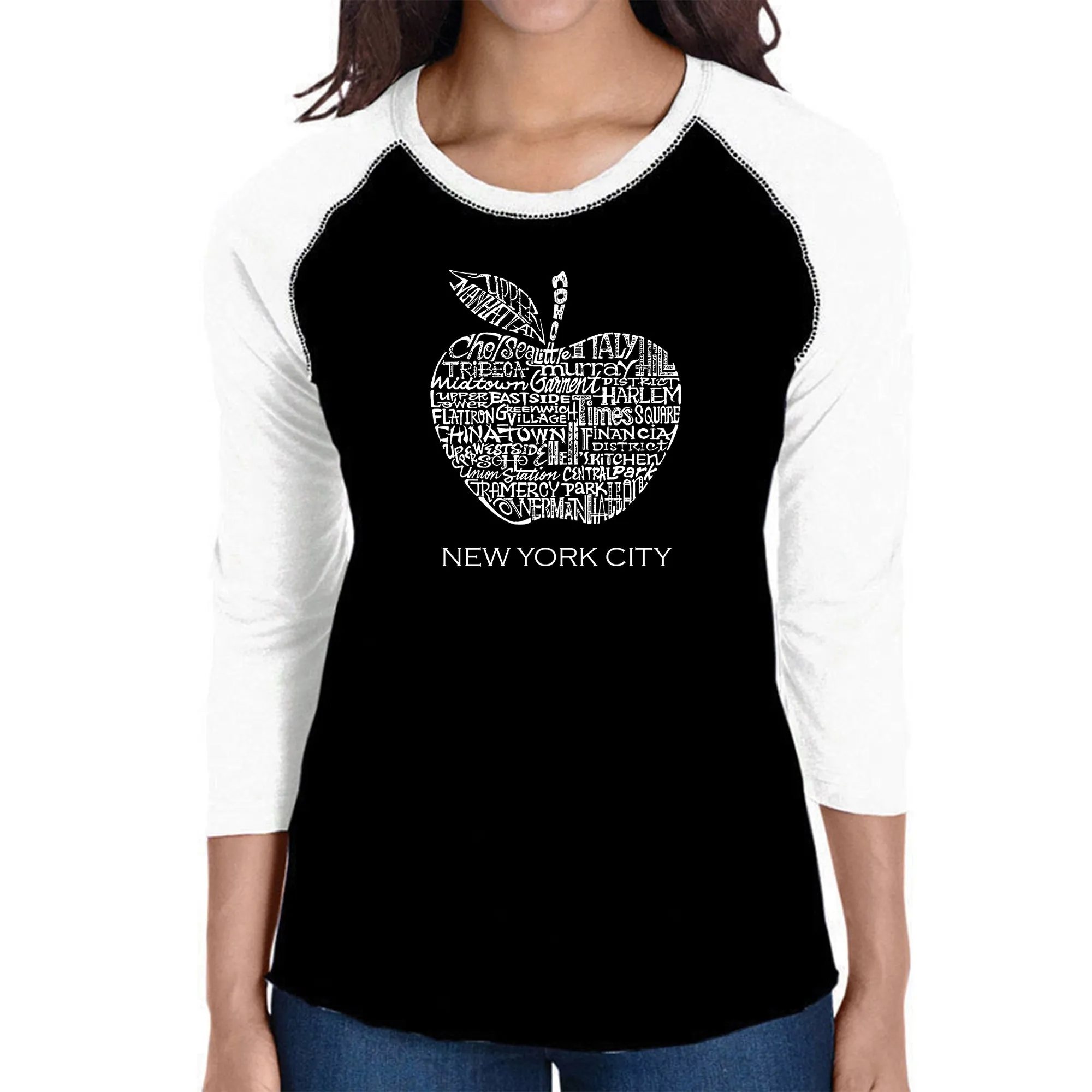 Neighborhoods in NYC - Women's Raglan Baseball Word Art T-Shirt sold by LA Pop Art