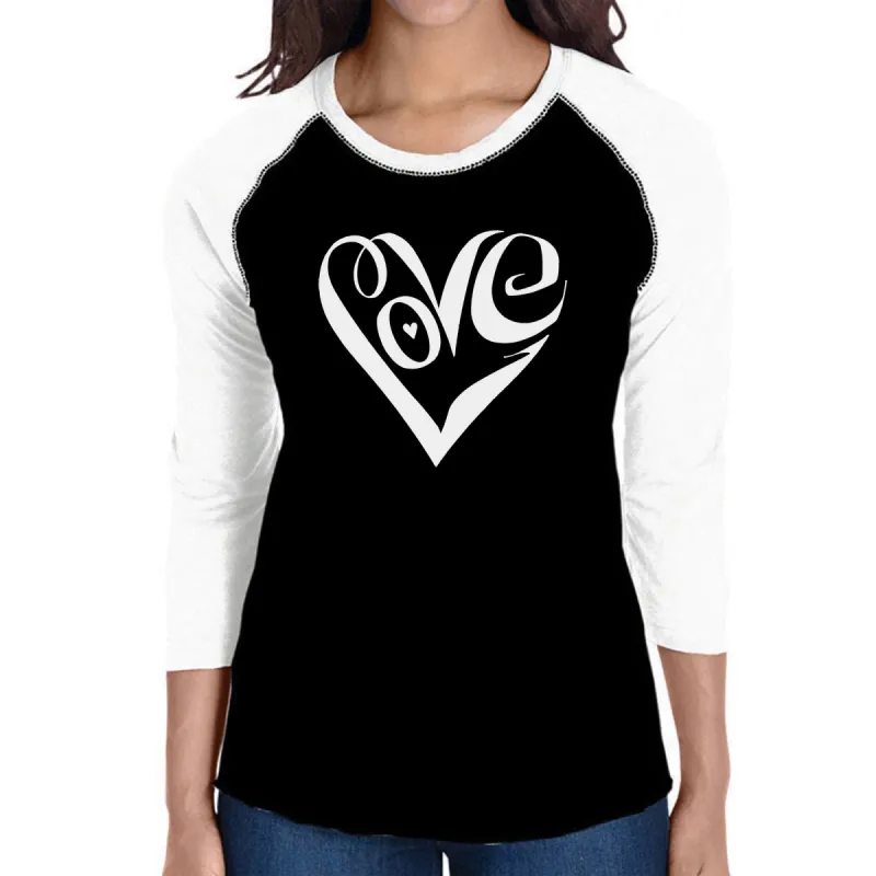 Script Love Heart  - Women's Raglan Baseball Word Art T-Shirt sold by LA Pop Art