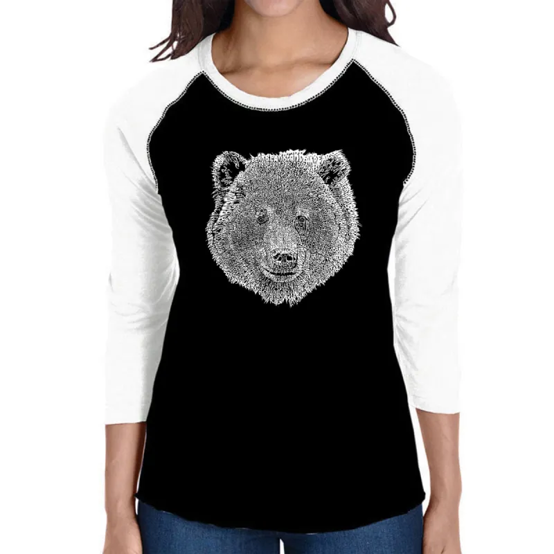 Bear Face  - Women's Raglan Baseball Word Art T-Shirt sold by LA Pop Art