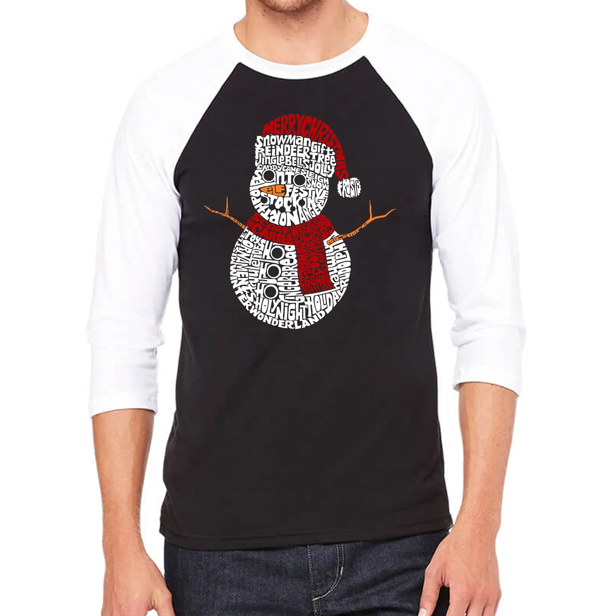 Christmas Snowman - Men's Raglan Baseball Word Art T-Shirt sold by LA Pop Art